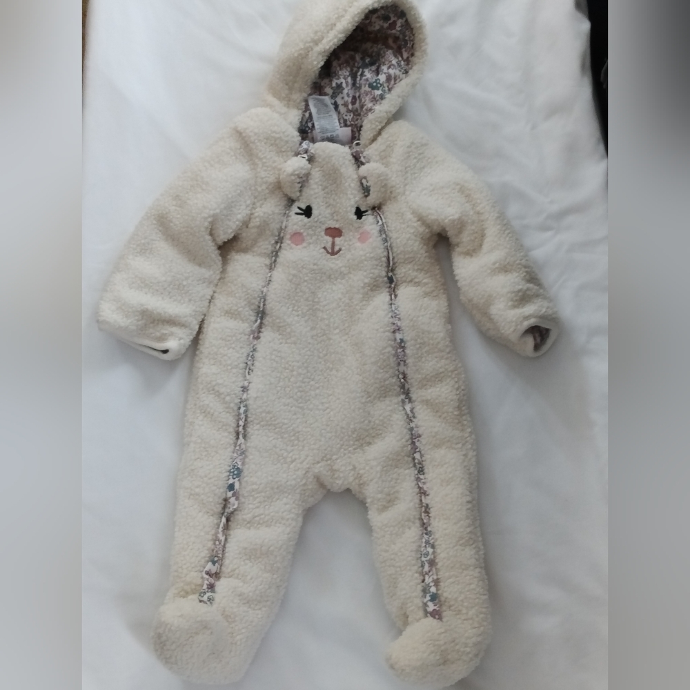 Little Lass Baby Girl 3/6M Cream Fleece Hooded Footie Cozy Warm